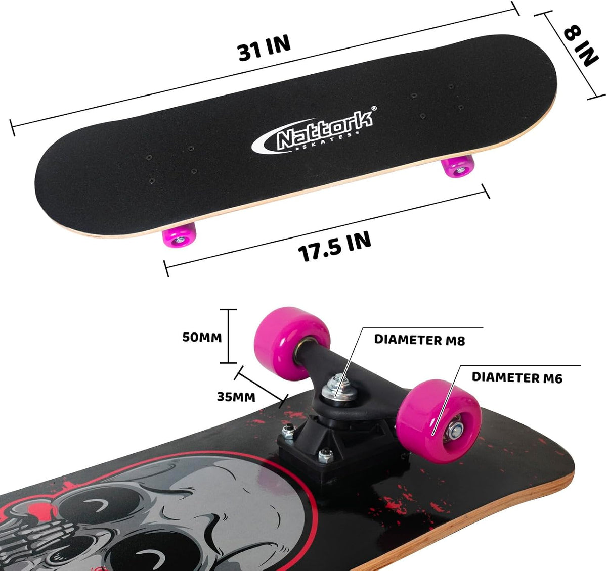 31 Inch Complete Skateboard, Standard Skateboards for Beginners, Wood 9 Layer Canadian Maple Trick Skate Boards for Boys Girls Youth Teens Adults