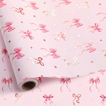 33 Ft x 17 In Pink Bow Wrapping Paper Roll