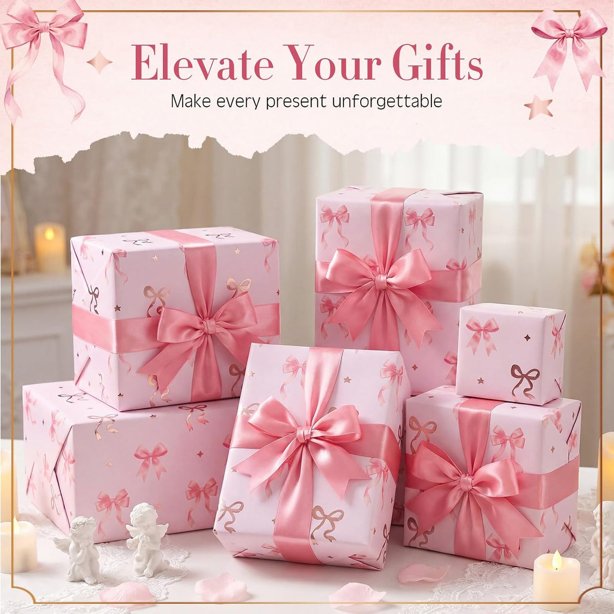 33 Ft x 17 In Pink Bow Wrapping Paper Roll