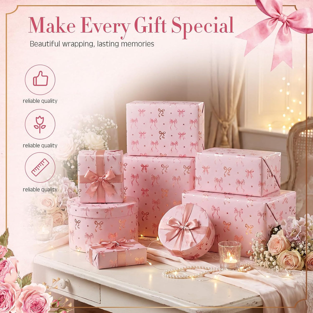 33 Ft x 17 In Pink Bow Wrapping Paper Roll