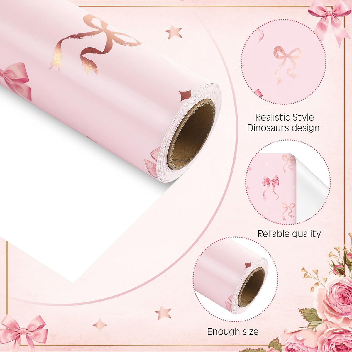 33 Ft x 17 In Pink Bow Wrapping Paper Roll