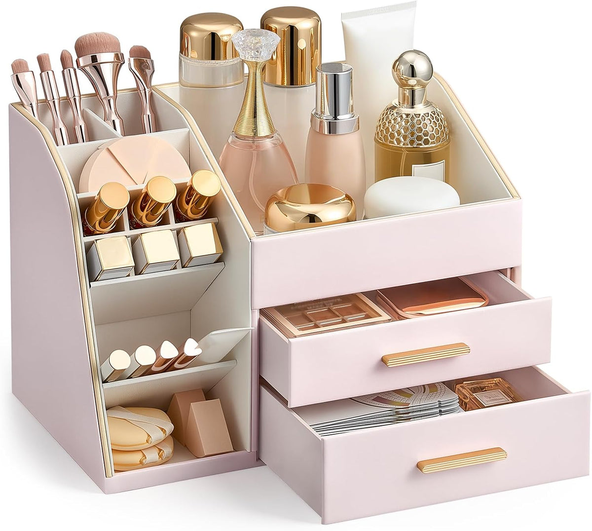 Makeup Organizer Countertop with Drawers, Easy to Clean PU Leather Storage Box, 3-Layer Cosmetic Holder for Skincare, Lipstick, Perfume & Brush, Display Case for Vanity Dresser Bathroom - Pink