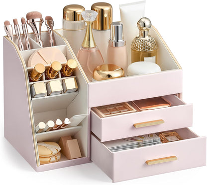 Makeup Organizer Countertop with Drawers, Easy to Clean PU Leather Storage Box, 3-Layer Cosmetic Holder for Skincare, Lipstick, Perfume & Brush, Display Case for Vanity Dresser Bathroom - Pink