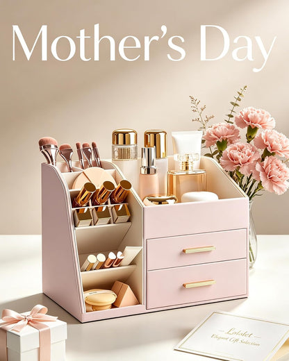 Makeup Organizer Countertop with Drawers, Easy to Clean PU Leather Storage Box, 3-Layer Cosmetic Holder for Skincare, Lipstick, Perfume & Brush, Display Case for Vanity Dresser Bathroom - Pink