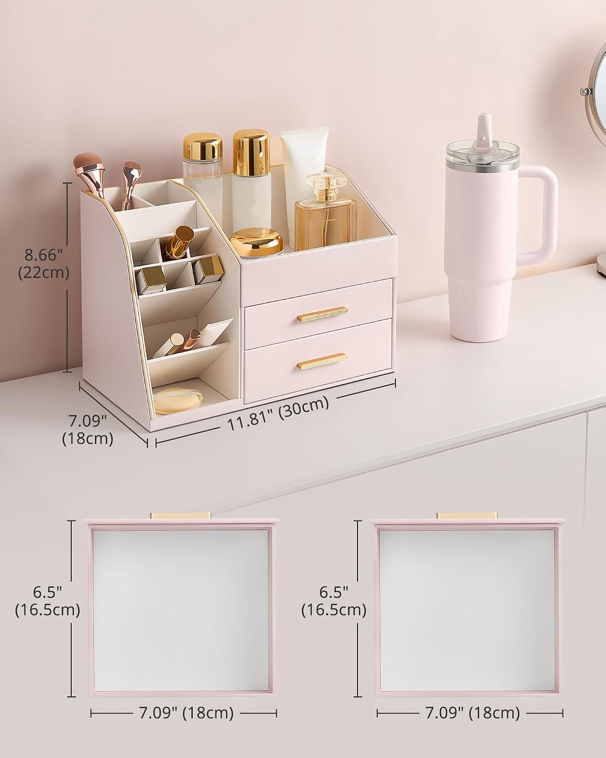 Makeup Organizer Countertop with Drawers, Easy to Clean PU Leather Storage Box, 3-Layer Cosmetic Holder for Skincare, Lipstick, Perfume & Brush, Display Case for Vanity Dresser Bathroom - Pink