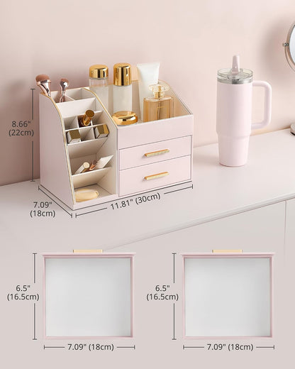 Makeup Organizer Countertop with Drawers, Easy to Clean PU Leather Storage Box, 3-Layer Cosmetic Holder for Skincare, Lipstick, Perfume & Brush, Display Case for Vanity Dresser Bathroom - Pink