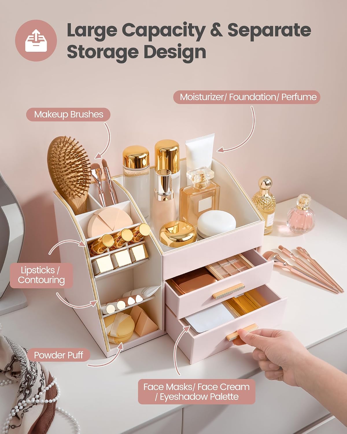 Makeup Organizer Countertop with Drawers, Easy to Clean PU Leather Storage Box, 3-Layer Cosmetic Holder for Skincare, Lipstick, Perfume & Brush, Display Case for Vanity Dresser Bathroom - Pink