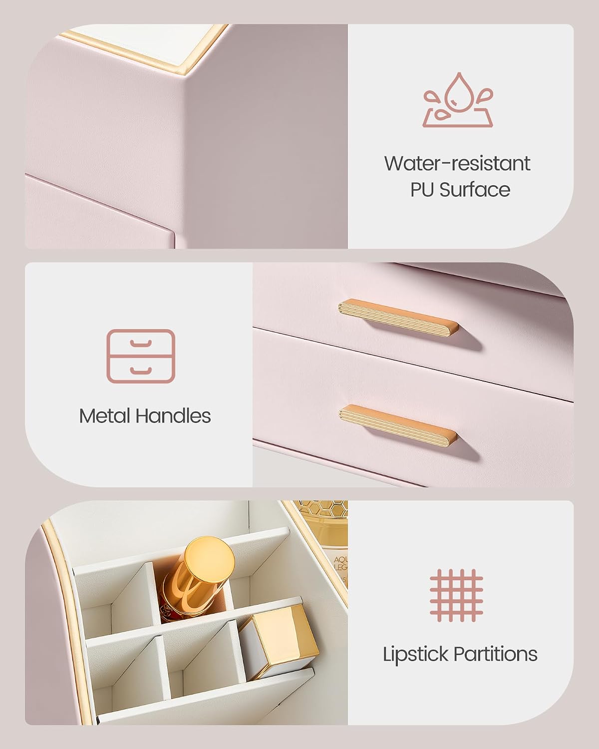 Makeup Organizer Countertop with Drawers, Easy to Clean PU Leather Storage Box, 3-Layer Cosmetic Holder for Skincare, Lipstick, Perfume & Brush, Display Case for Vanity Dresser Bathroom - Pink