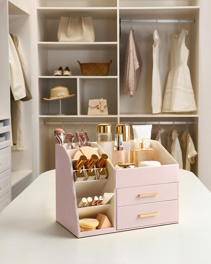 Makeup Organizer Countertop with Drawers, Easy to Clean PU Leather Storage Box, 3-Layer Cosmetic Holder for Skincare, Lipstick, Perfume & Brush, Display Case for Vanity Dresser Bathroom - Pink