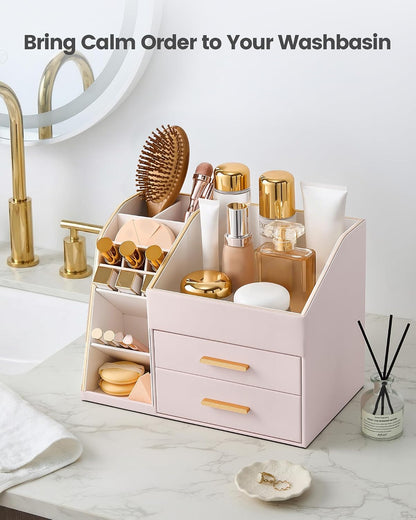 Makeup Organizer Countertop with Drawers, Easy to Clean PU Leather Storage Box, 3-Layer Cosmetic Holder for Skincare, Lipstick, Perfume & Brush, Display Case for Vanity Dresser Bathroom - Pink