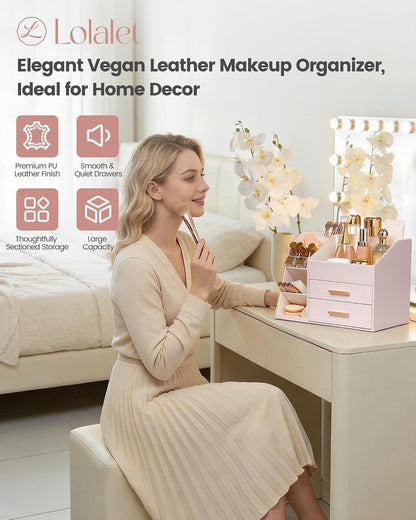 Makeup Organizer Countertop with Drawers, Easy to Clean PU Leather Storage Box, 3-Layer Cosmetic Holder for Skincare, Lipstick, Perfume & Brush, Display Case for Vanity Dresser Bathroom - Pink