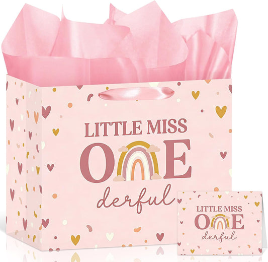 Baby Girl 1st Birthday Gift Bag Little Miss Onederful Gift Bag with Greeting Card and Tissue Papers Pastel Pink Heart First Birthday Wrapping Paper Bag for Girls Newborn Baby Shower One Year Old Party