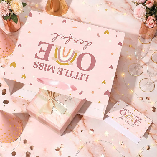 Baby Girl 1st Birthday Gift Bag Little Miss Onederful Gift Bag with Greeting Card and Tissue Papers Pastel Pink Heart First Birthday Wrapping Paper Bag for Girls Newborn Baby Shower One Year Old Party