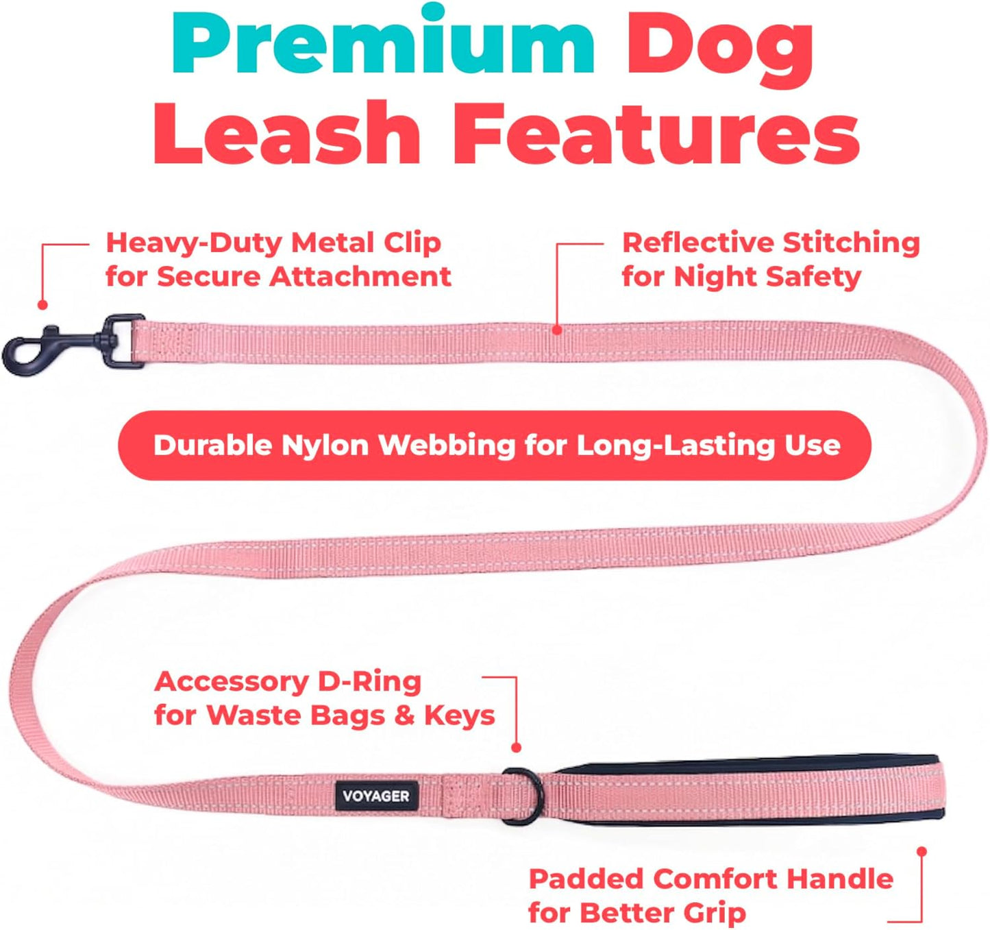 Best Pet Supplies Voyager Reflective Dog Leash or Collar with Neoprene Handle, for Small, Medium, and Large Breed Puppies, Cute and Heavy Duty for Walking, Running and Training - Pink (Leash), S