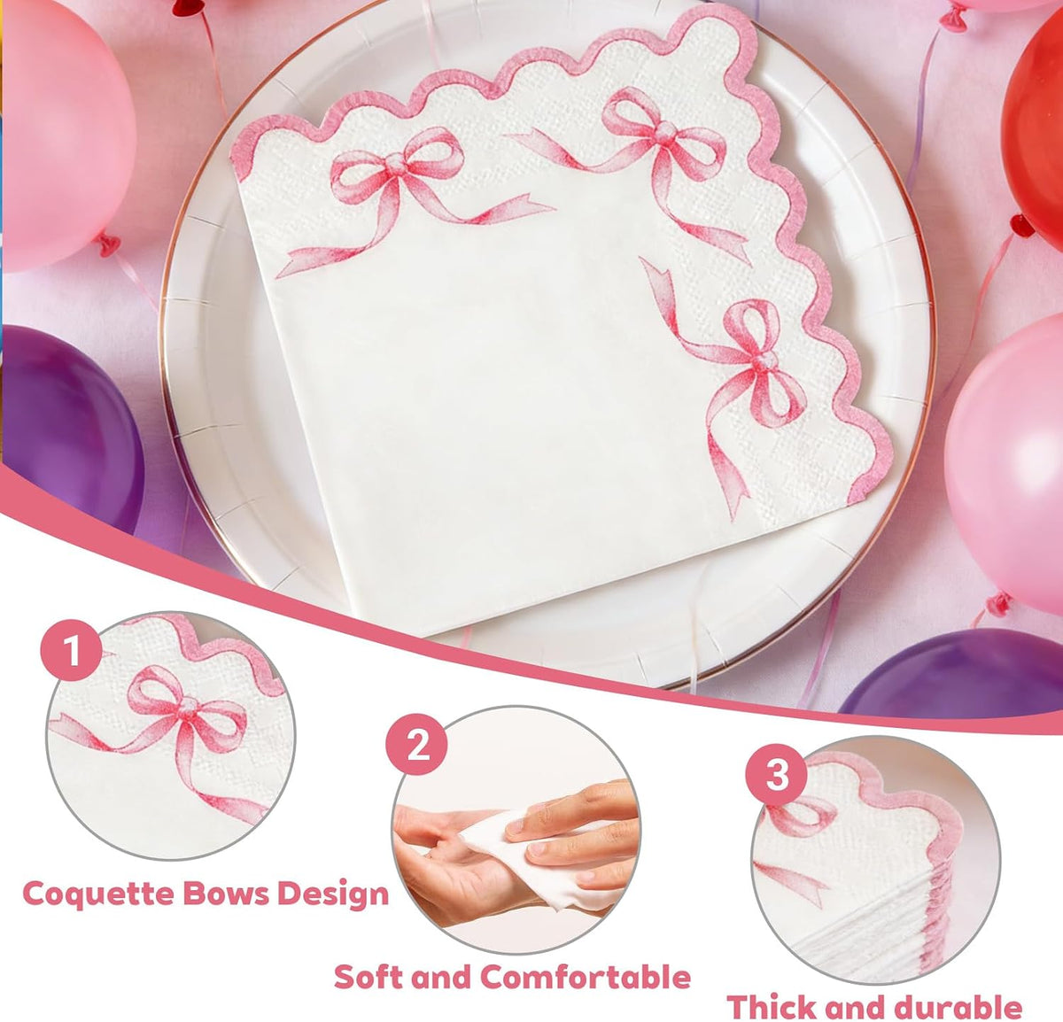 3-Ply Coquette Pink Bow Napkins, 6.5" Scalloped 50 Pack, Pink Bow Disposable Paper Napkins for Baby Shower, Birthday, Baptism, Bridal Shower, Graduation, Pink Bow Themed Party Table Decorations