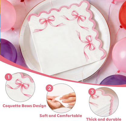 3-Ply Coquette Pink Bow Napkins, 6.5" Scalloped 50 Pack, Pink Bow Disposable Paper Napkins for Baby Shower, Birthday, Baptism, Bridal Shower, Graduation, Pink Bow Themed Party Table Decorations