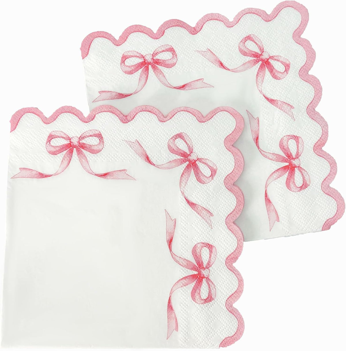 3-Ply Coquette Pink Bow Napkins, 6.5" Scalloped 50 Pack, Pink Bow Disposable Paper Napkins for Baby Shower, Birthday, Baptism, Bridal Shower, Graduation, Pink Bow Themed Party Table Decorations