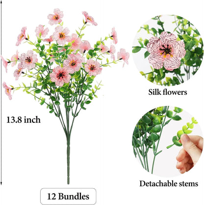 ATTGREAT Artificial Flowers for Outdoors UV Resistant, 12 Bundles(Pink)