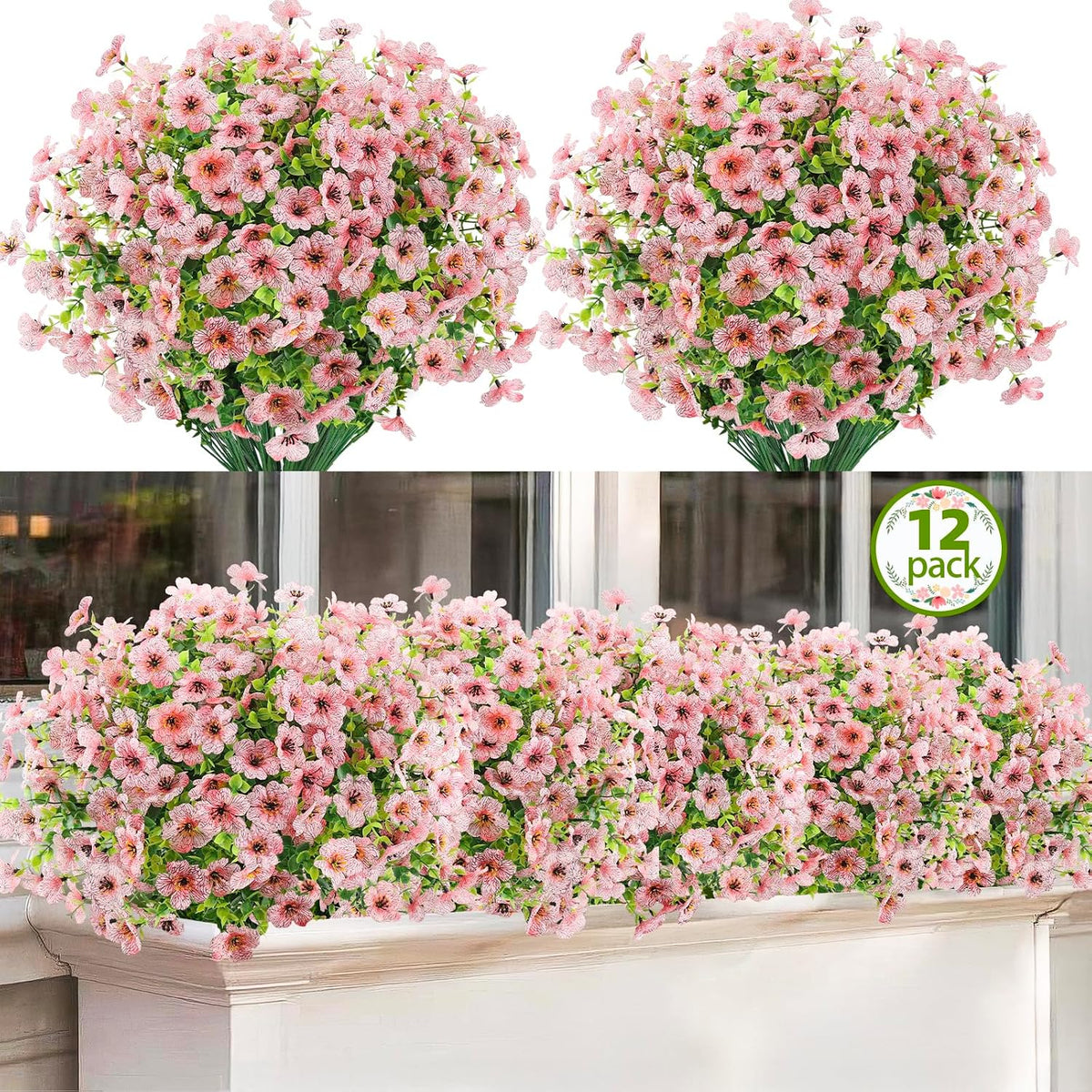 ATTGREAT Artificial Flowers for Outdoors UV Resistant, 12 Bundles(Pink)