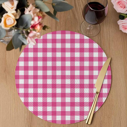 Round 15 Inch Placemats Set of 4, Peach Pink Checked HeatResistant Non Slip Place Mats for Dining Table, Farmhouse Buffalo Plaid Country Grid Wipeable Braided Kitchen Table Mats for Housewarming