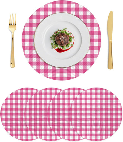 Round 15 Inch Placemats Set of 4, Peach Pink Checked HeatResistant Non Slip Place Mats for Dining Table, Farmhouse Buffalo Plaid Country Grid Wipeable Braided Kitchen Table Mats for Housewarming
