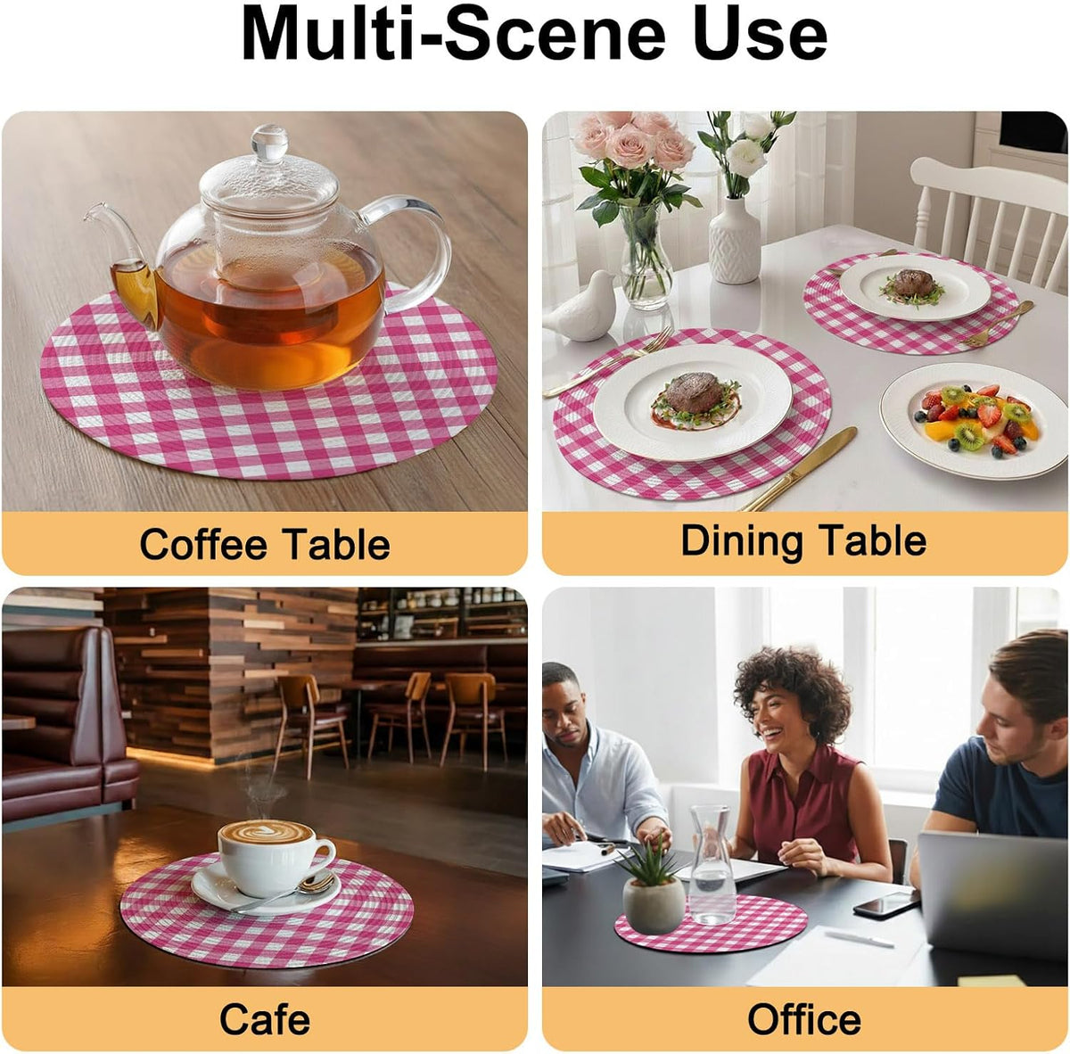Round 15 Inch Placemats Set of 4, Peach Pink Checked HeatResistant Non Slip Place Mats for Dining Table, Farmhouse Buffalo Plaid Country Grid Wipeable Braided Kitchen Table Mats for Housewarming