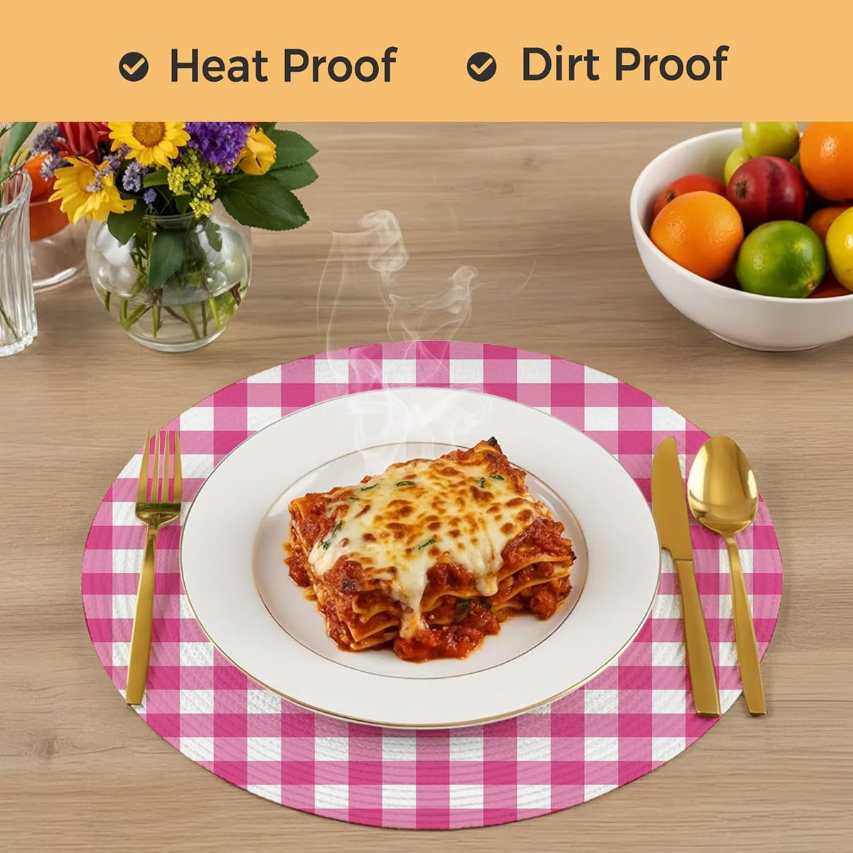 Round 15 Inch Placemats Set of 4, Peach Pink Checked HeatResistant Non Slip Place Mats for Dining Table, Farmhouse Buffalo Plaid Country Grid Wipeable Braided Kitchen Table Mats for Housewarming