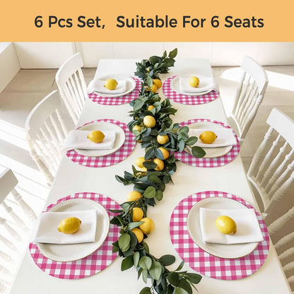 Round 15 Inch Placemats Set of 4, Peach Pink Checked HeatResistant Non Slip Place Mats for Dining Table, Farmhouse Buffalo Plaid Country Grid Wipeable Braided Kitchen Table Mats for Housewarming