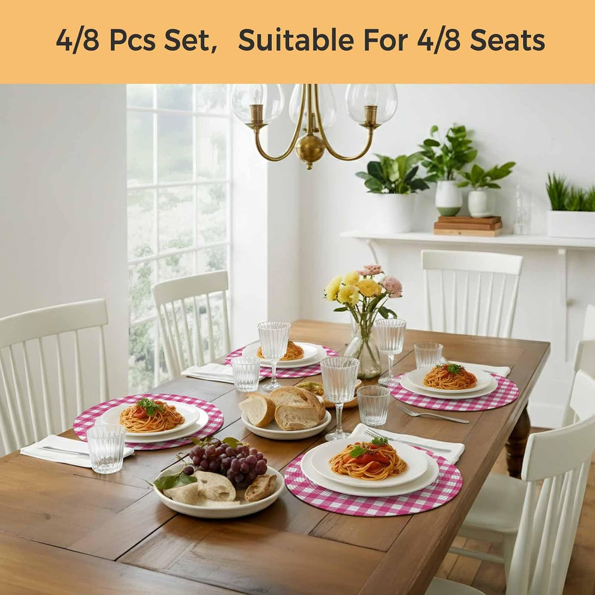 Round 15 Inch Placemats Set of 4, Peach Pink Checked HeatResistant Non Slip Place Mats for Dining Table, Farmhouse Buffalo Plaid Country Grid Wipeable Braided Kitchen Table Mats for Housewarming
