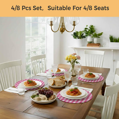 Round 15 Inch Placemats Set of 4, Peach Pink Checked HeatResistant Non Slip Place Mats for Dining Table, Farmhouse Buffalo Plaid Country Grid Wipeable Braided Kitchen Table Mats for Housewarming