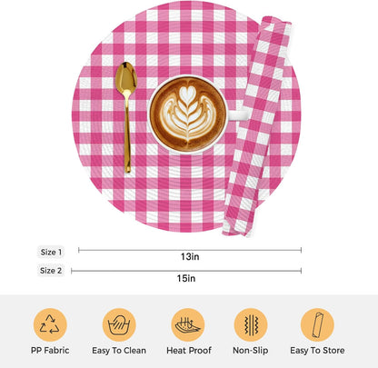 Round 15 Inch Placemats Set of 4, Peach Pink Checked HeatResistant Non Slip Place Mats for Dining Table, Farmhouse Buffalo Plaid Country Grid Wipeable Braided Kitchen Table Mats for Housewarming
