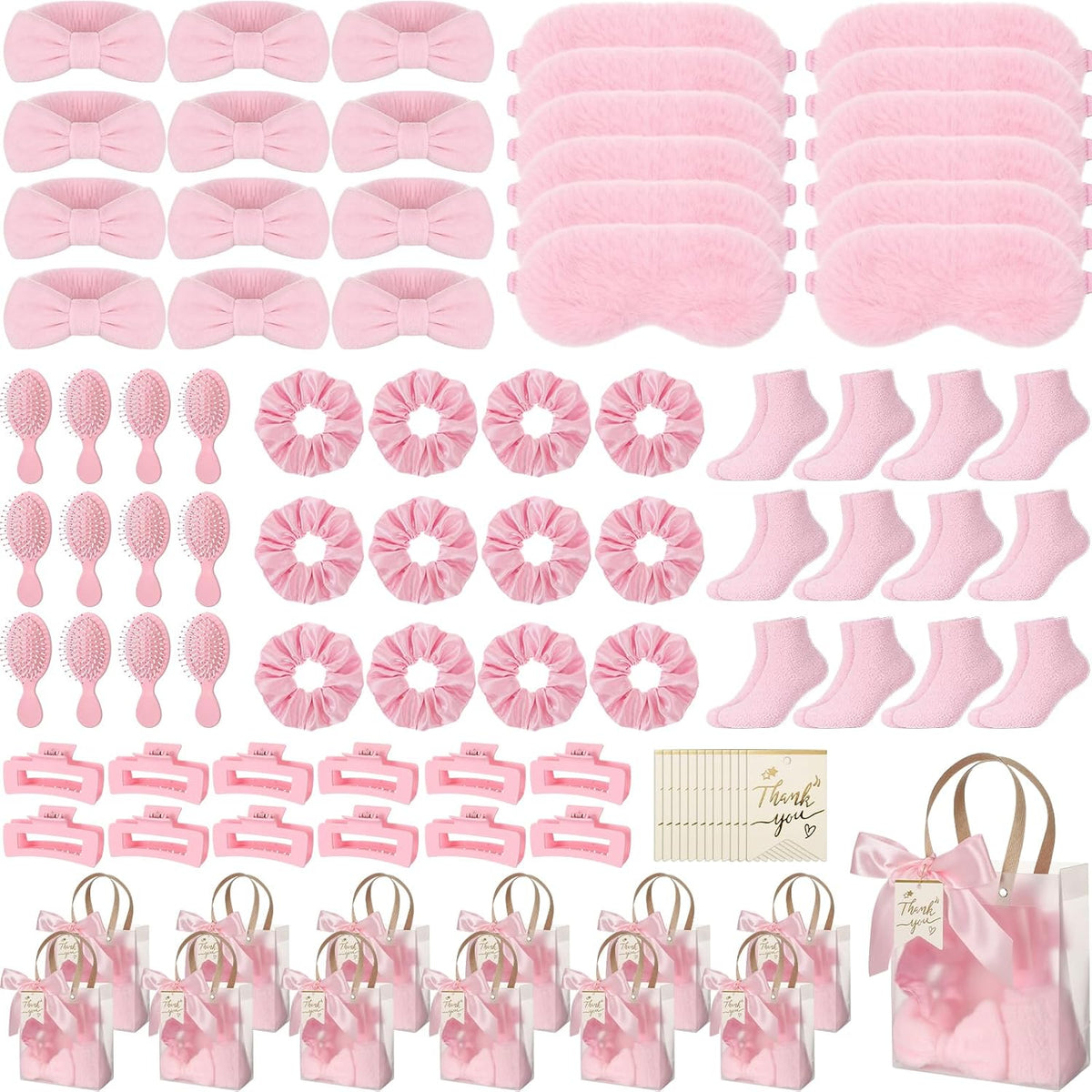 Riceshoot 84 Pcs Sleepover Party Supplies for Girls, Includes Socks Eye Masks Headbands Scrunchies Hair Brushes Hair Claw Clip Gift Bags for Baby Shower Wedding Slumber Spa Party Gift (Pink)