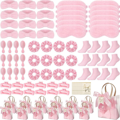 Riceshoot 84 Pcs Sleepover Party Supplies for Girls, Includes Socks Eye Masks Headbands Scrunchies Hair Brushes Hair Claw Clip Gift Bags for Baby Shower Wedding Slumber Spa Party Gift (Pink)