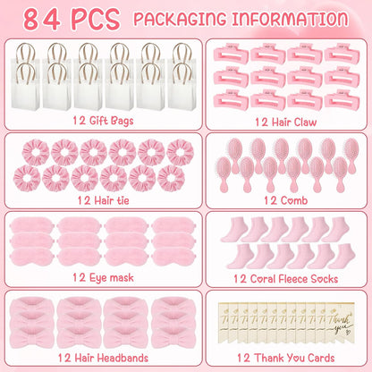 Riceshoot 84 Pcs Sleepover Party Supplies for Girls, Includes Socks Eye Masks Headbands Scrunchies Hair Brushes Hair Claw Clip Gift Bags for Baby Shower Wedding Slumber Spa Party Gift (Pink)