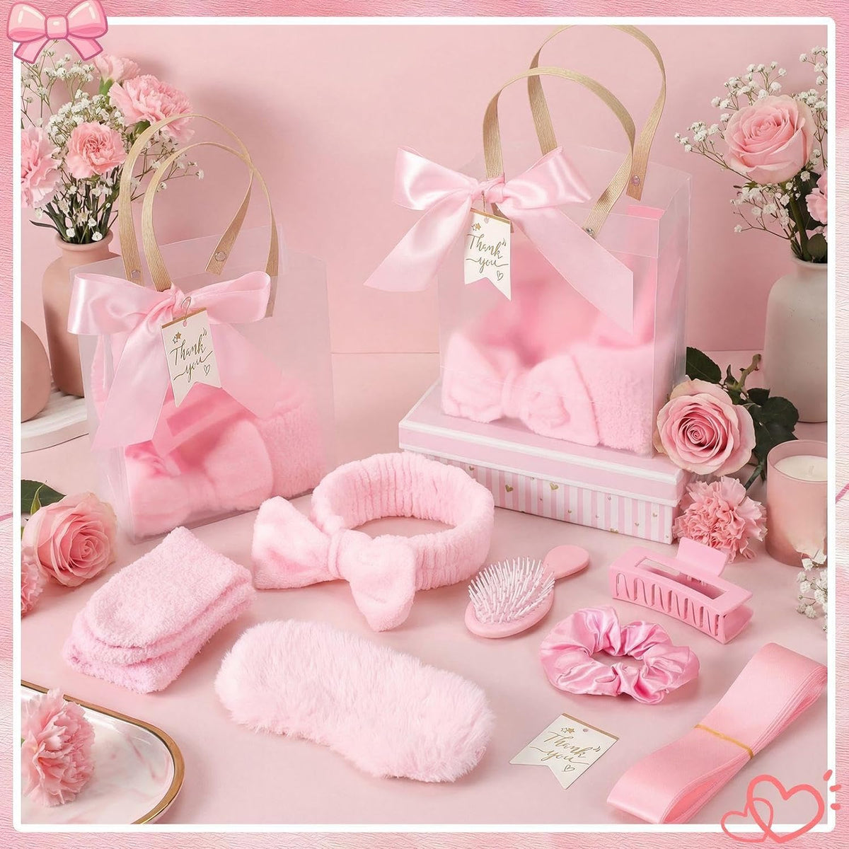 Riceshoot 84 Pcs Sleepover Party Supplies for Girls, Includes Socks Eye Masks Headbands Scrunchies Hair Brushes Hair Claw Clip Gift Bags for Baby Shower Wedding Slumber Spa Party Gift (Pink)