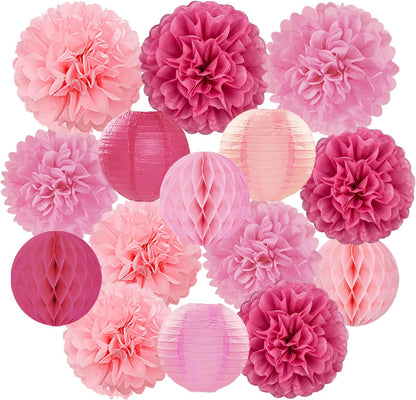 Hot Pink Paper Flowers Tissue Pom Poms Honeycomb Lanterns 15pcs Party Decorations for Birthday Bachelorette Women Girls Night Baby Shower Bridal Wedding Valentine Hanging Supplies