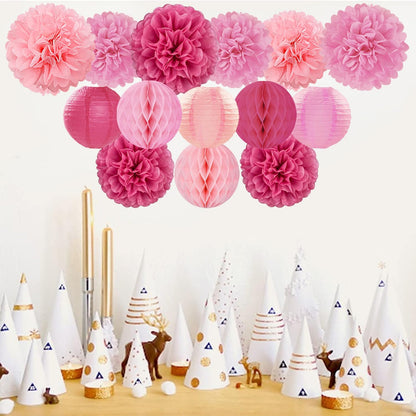 Hot Pink Paper Flowers Tissue Pom Poms Honeycomb Lanterns 15pcs Party Decorations for Birthday Bachelorette Women Girls Night Baby Shower Bridal Wedding Valentine Hanging Supplies