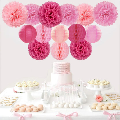 Hot Pink Paper Flowers Tissue Pom Poms Honeycomb Lanterns 15pcs Party Decorations for Birthday Bachelorette Women Girls Night Baby Shower Bridal Wedding Valentine Hanging Supplies