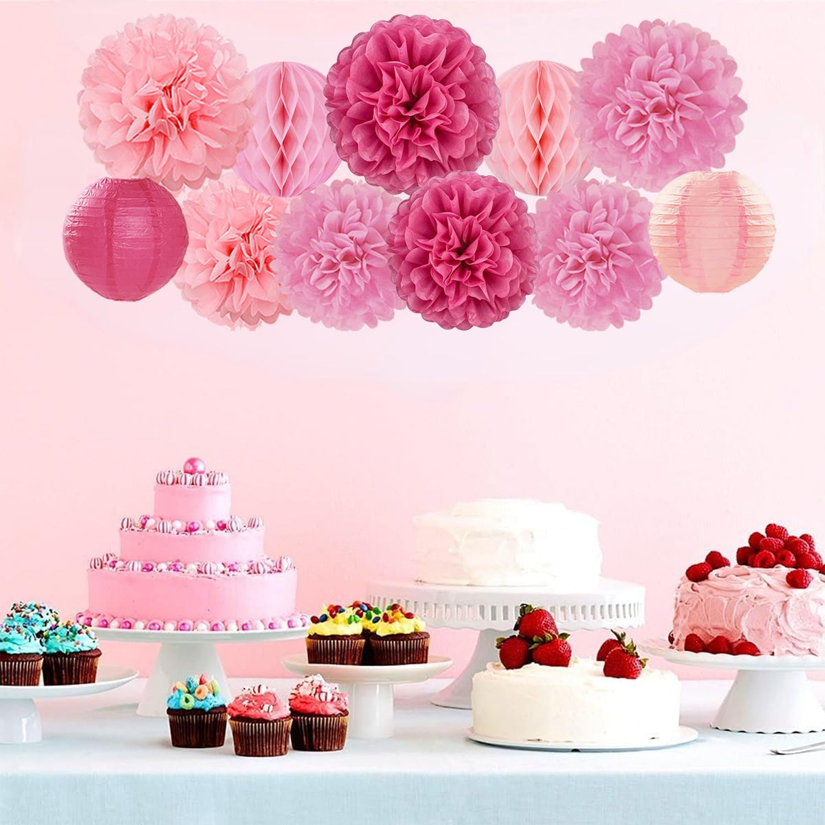 Hot Pink Paper Flowers Tissue Pom Poms Honeycomb Lanterns 15pcs Party Decorations for Birthday Bachelorette Women Girls Night Baby Shower Bridal Wedding Valentine Hanging Supplies
