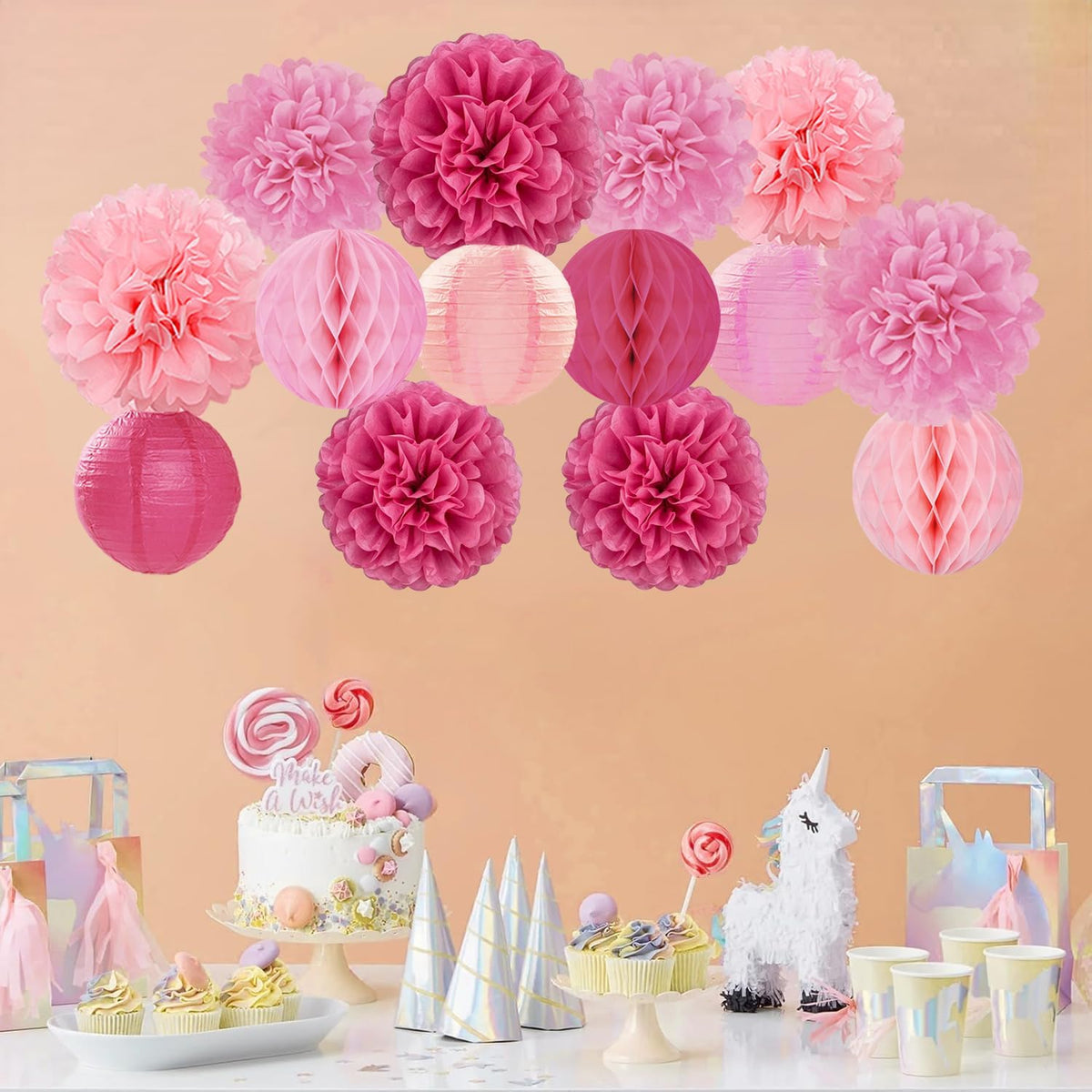 Hot Pink Paper Flowers Tissue Pom Poms Honeycomb Lanterns 15pcs Party Decorations for Birthday Bachelorette Women Girls Night Baby Shower Bridal Wedding Valentine Hanging Supplies