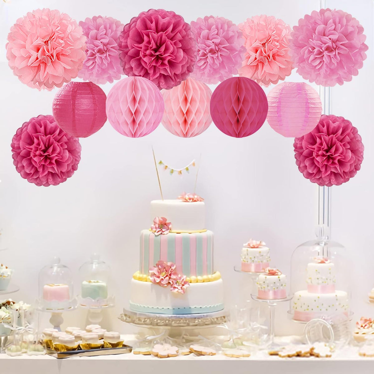 Hot Pink Paper Flowers Tissue Pom Poms Honeycomb Lanterns 15pcs Party Decorations for Birthday Bachelorette Women Girls Night Baby Shower Bridal Wedding Valentine Hanging Supplies