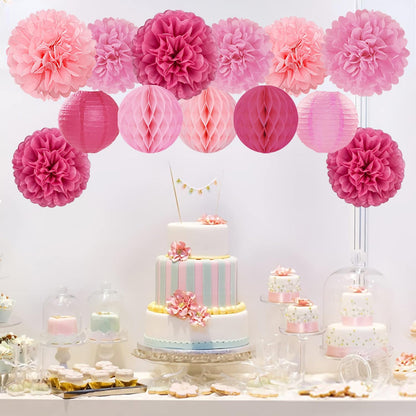 Hot Pink Paper Flowers Tissue Pom Poms Honeycomb Lanterns 15pcs Party Decorations for Birthday Bachelorette Women Girls Night Baby Shower Bridal Wedding Valentine Hanging Supplies