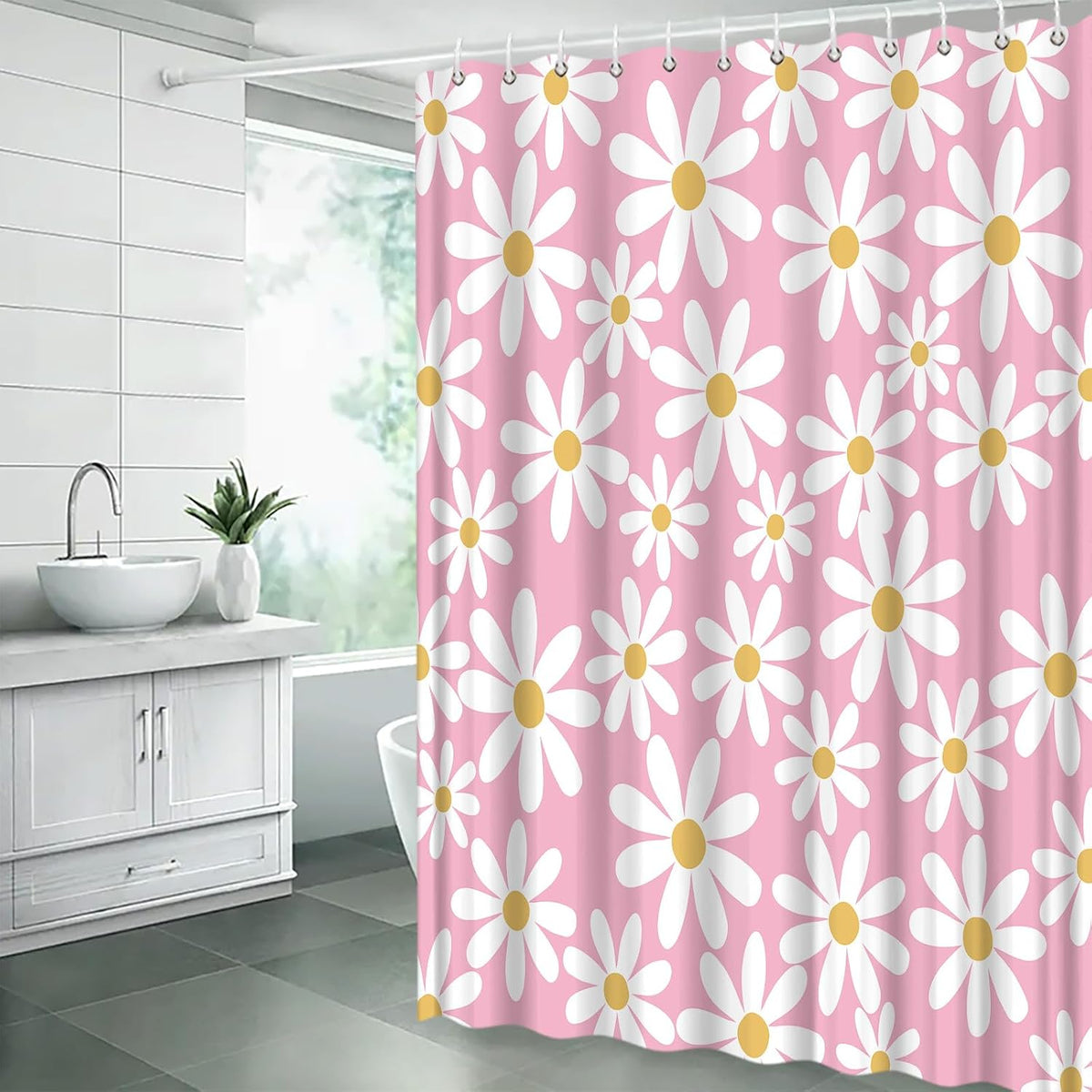Pink Shower Curtain Cute Daisy Floral Flower Modern Aesthetic Girly Polyester Bathroom Decor with Hook,70" Wx70 H
