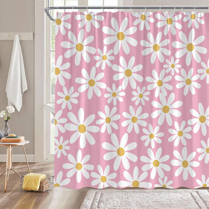 Pink Shower Curtain Cute Daisy Floral Flower Modern Aesthetic Girly Polyester Bathroom Decor with Hook,70" Wx70 H