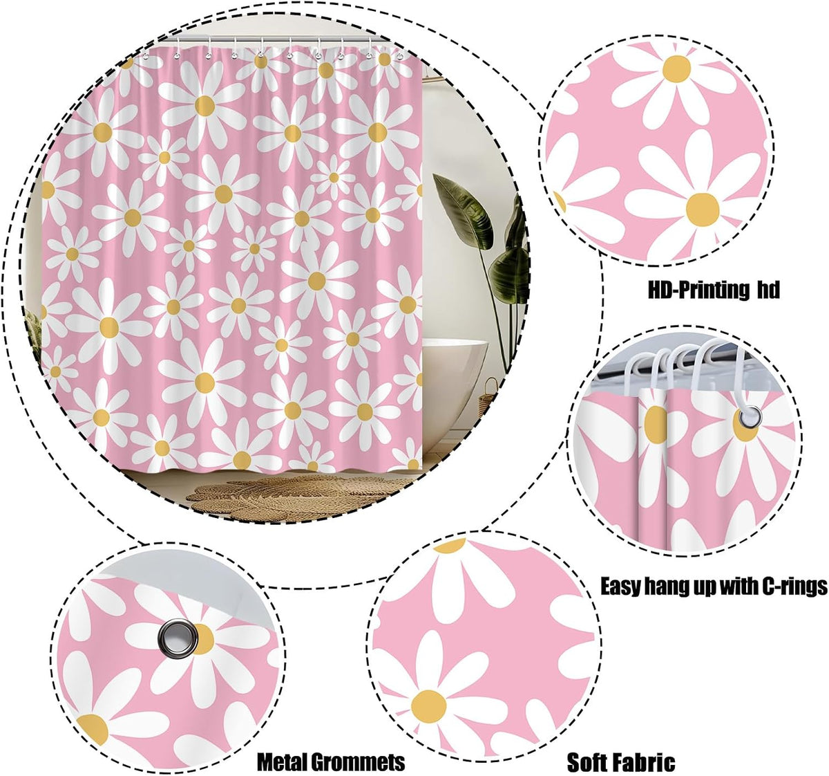 Pink Shower Curtain Cute Daisy Floral Flower Modern Aesthetic Girly Polyester Bathroom Decor with Hook,70" Wx70 H