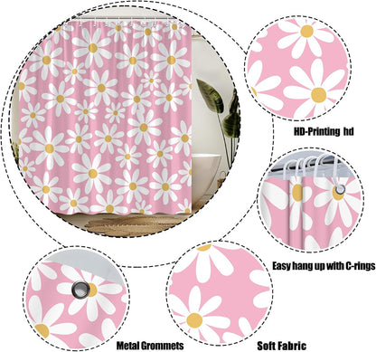 Pink Shower Curtain Cute Daisy Floral Flower Modern Aesthetic Girly Polyester Bathroom Decor with Hook,70" Wx70 H