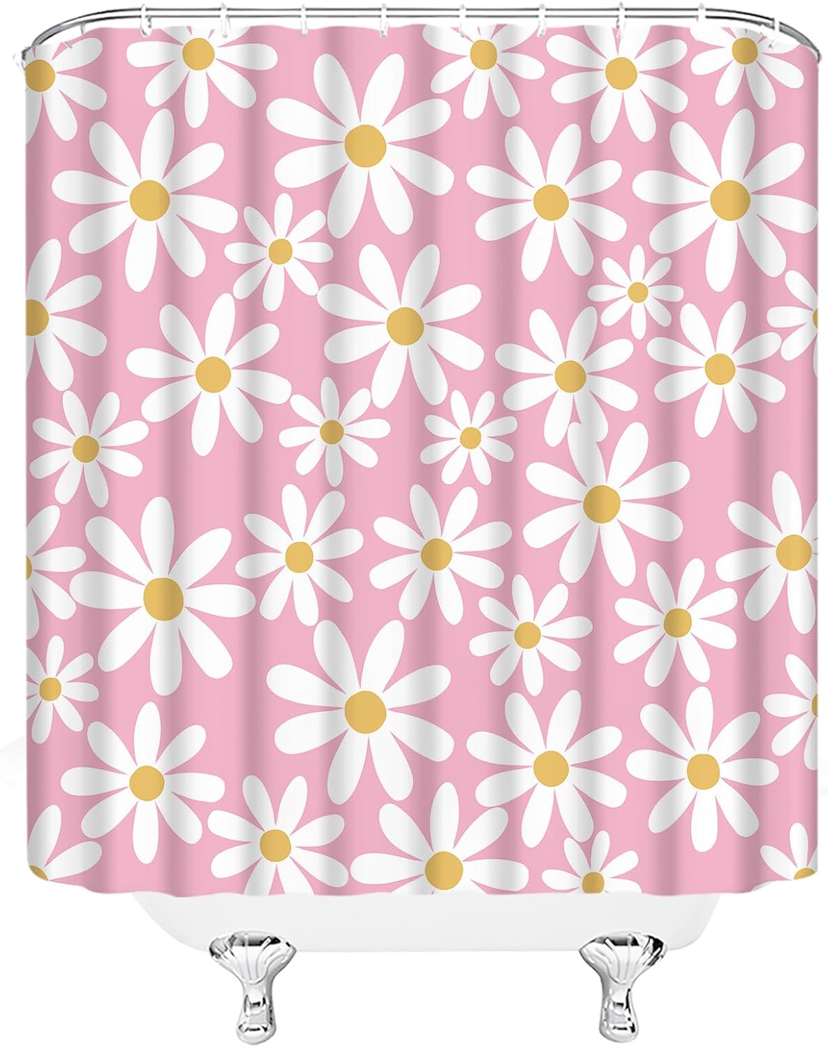 Pink Shower Curtain Cute Daisy Floral Flower Modern Aesthetic Girly Polyester Bathroom Decor with Hook,70" Wx70 H