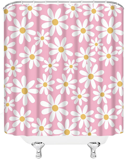 Pink Shower Curtain Cute Daisy Floral Flower Modern Aesthetic Girly Polyester Bathroom Decor with Hook,70" Wx70 H