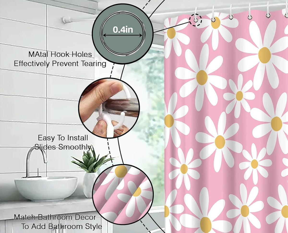 Pink Shower Curtain Cute Daisy Floral Flower Modern Aesthetic Girly Polyester Bathroom Decor with Hook,70" Wx70 H