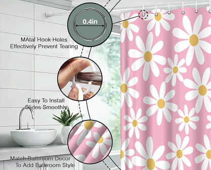 Pink Shower Curtain Cute Daisy Floral Flower Modern Aesthetic Girly Polyester Bathroom Decor with Hook,70" Wx70 H